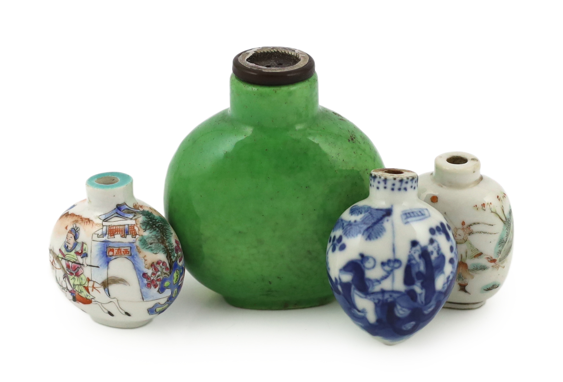 A large Chinese green crackle glazed snuff bottle, Daoguang mark and period, and three other 19th century porcelain snuff bottles